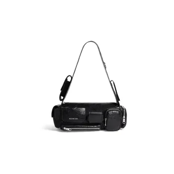 Balenciaga Superbusy Fine Grained Sheepskin With Fabric Handbag, Shoulder Bag Women's Black