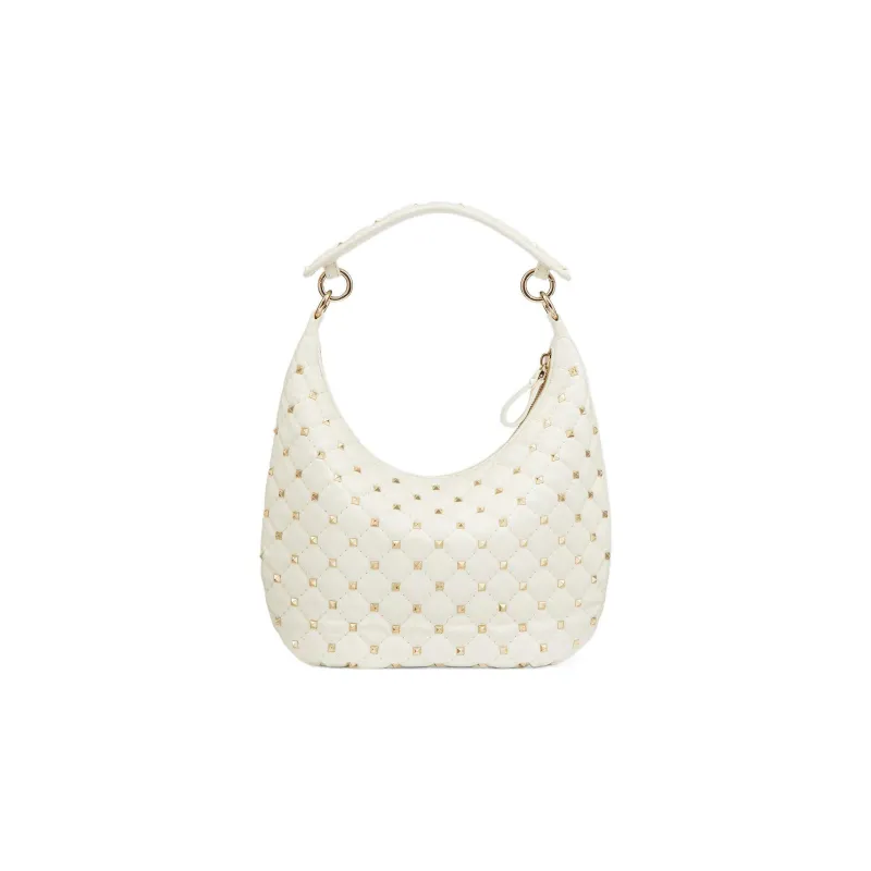 Valentino ROCKSTUD SPIKE Calfskin Hobo Bag Shoulder Bag Crossbody Bag Handbag Small Size Women's White-3