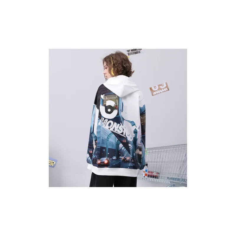 Bt Hooded Loose Fit Sweatshirt Unisex White Blue-6