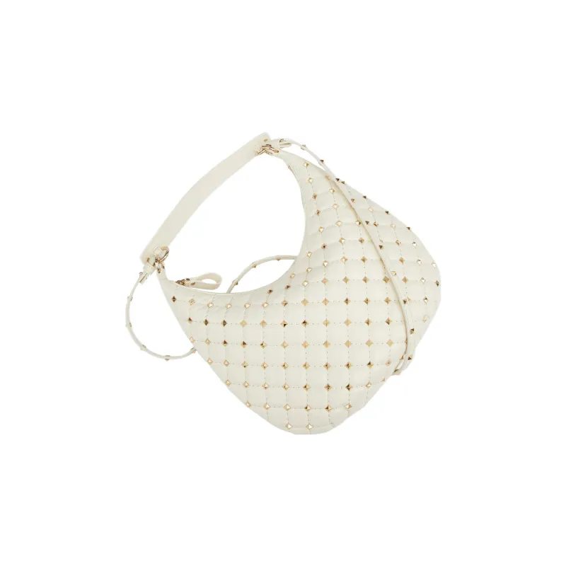 Valentino ROCKSTUD SPIKE Calfskin Hobo Bag Shoulder Bag Crossbody Bag Handbag Small Size Women's White-4