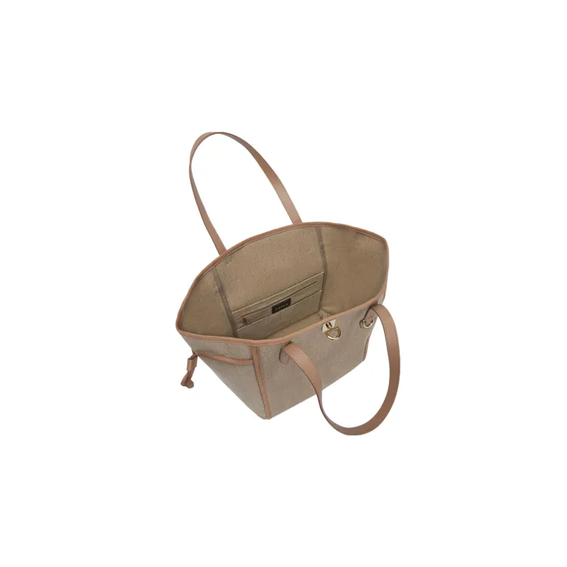 Furla Net Collection Canvas With Calfskin Tote Bag Shopping Bag Canvas Bag Handbags Large Size Women's Brown-3