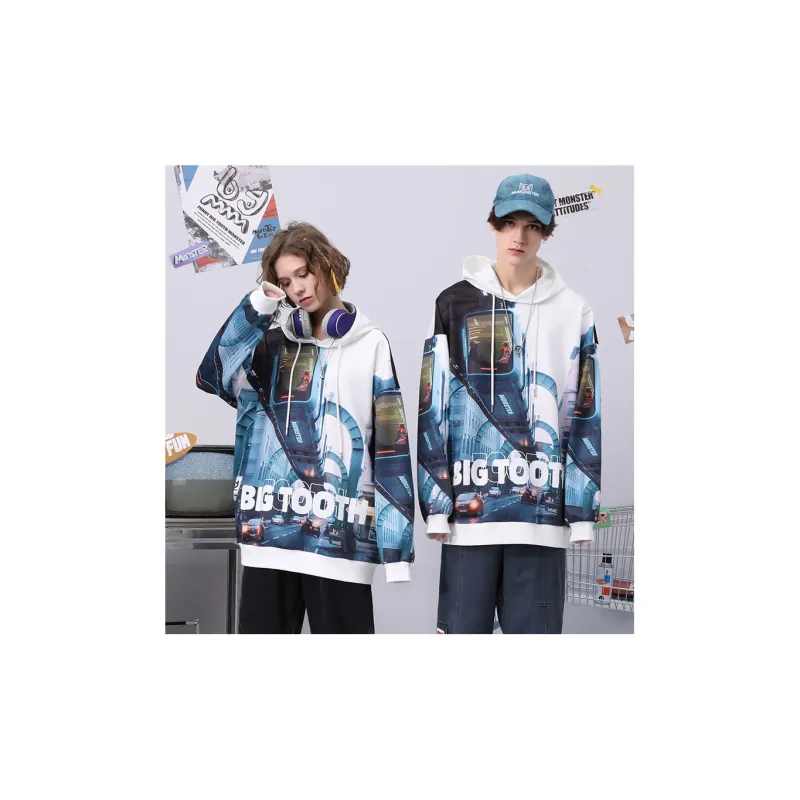Bt Hooded Loose Fit Sweatshirt Unisex White Blue-2