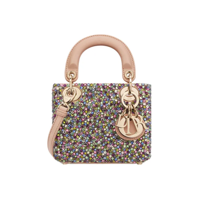 DIOR Lady Dior Cow Leather Rhinestone Embroidery Dior Bag Shoulder Bag Crossbody Bag Handbag Extra Mini Women's Pink-0