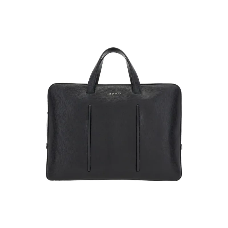 FERRAGAMO Calfskin Briefcase, Portable Crossbody Bag, Shoulder Bag Regular Men's Black-0
