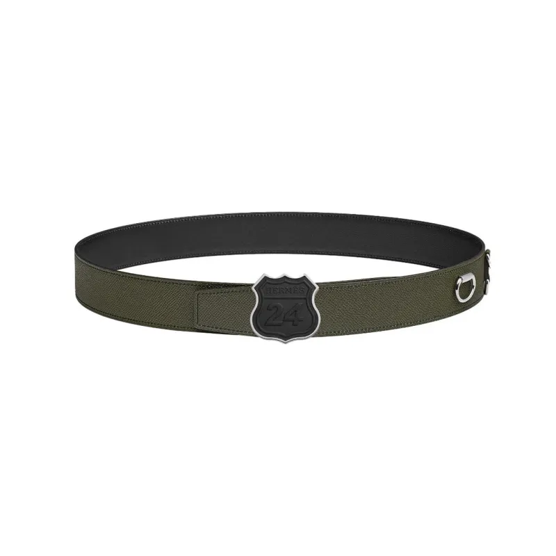 HERMES Numbers Logo Smooth Buckle Calfskin Leather Belts Men's Green Width 38MM-0