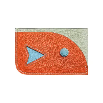 HERMES Poisson Mysore Goat Skin Card Holder Women's Squeaky Green/Light Orange/Windy Blue