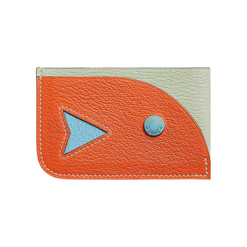 HERMES Poisson Mysore Goat Skin Card Holder Women's Squeaky Green/Light Orange/Windy Blue-0