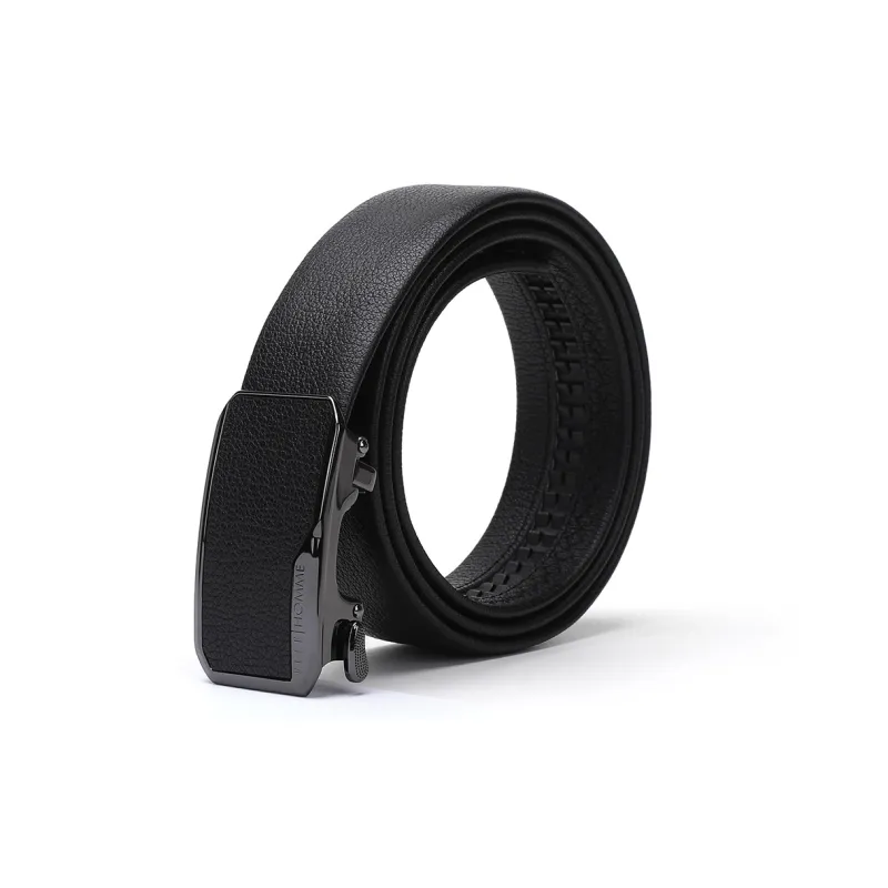 ELLE HOMME Men's Automatic Buckle Top Grain Cow Leather Belt Black, Alloy Buckle With Leather Cover, Width 3.7cm Men's-1