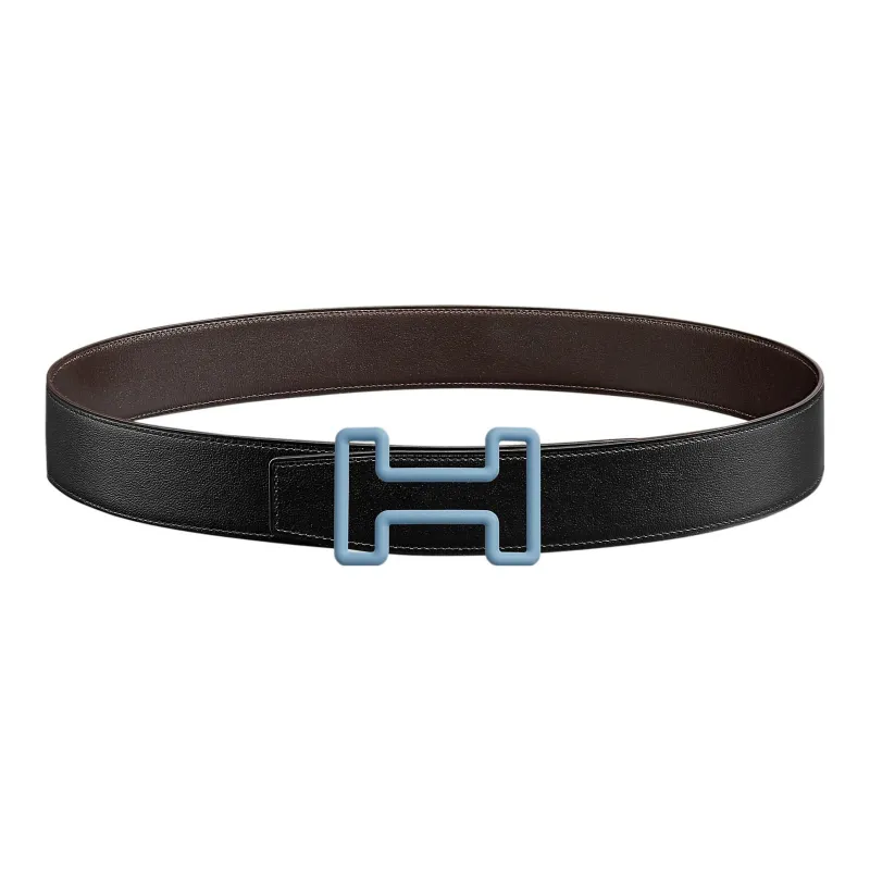HERMES Tonight H-Shaped Letter Double-Sided Smooth Buckle Calfskin Leather Belts Men's Black Width: 3.8cm-0