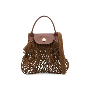 LONGCHAMP Le Pliage Filet 100% Cotton Leather Trim Crossbody Bag Regular Women's Cognac Brown