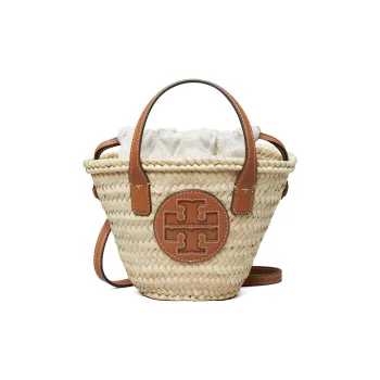 TORY BURCH Ella Straw With Leather Tote Bag, Shopping Bag, Shoulder Bag, Handbag Mini Women's Beige & Brown