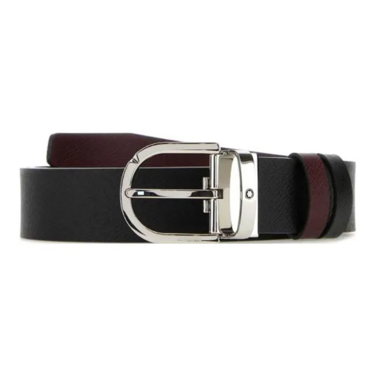 MONTBLANC Solid Color Texture Smooth Buckle Leather Leather Belts Men's Black 3.5cm-0