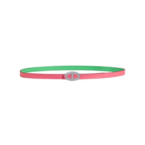HERMES Mini Athena Buckle Double-Sided Calfskin Leather Belts Women's Pink/Green Width 1.3CM