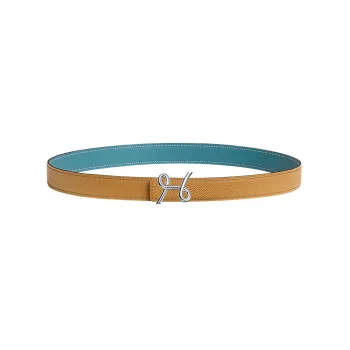 HERMES H Cursives Buckle Smooth Buckle Leather Belts Women's Yellow/Green Width 2.4CM