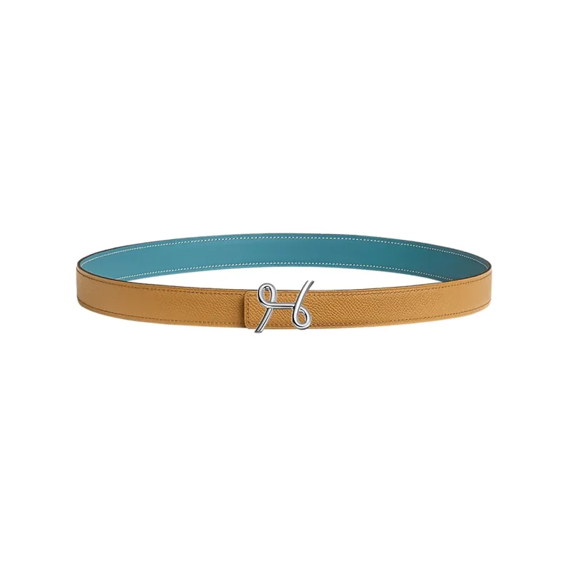 HERMES H Cursives Buckle Smooth Buckle Leather Belts Women's Yellow/Green Width 2.4CM-0