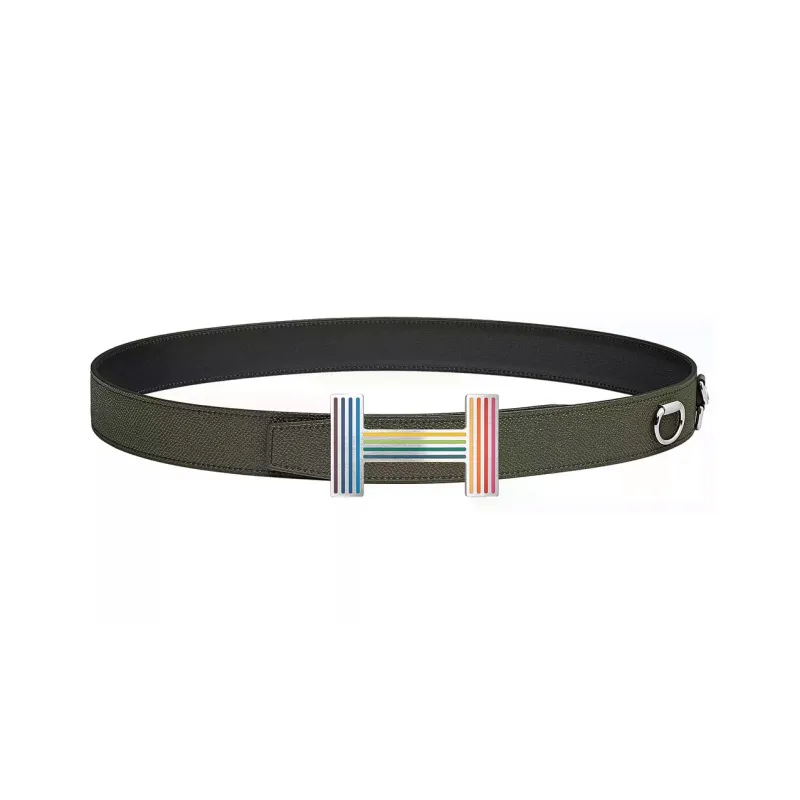 HERMES Quizz Rainbow Buckle And Leather Epsom Calfskin Leather Belts Unisex Green/Black Width: 3.2CM-0