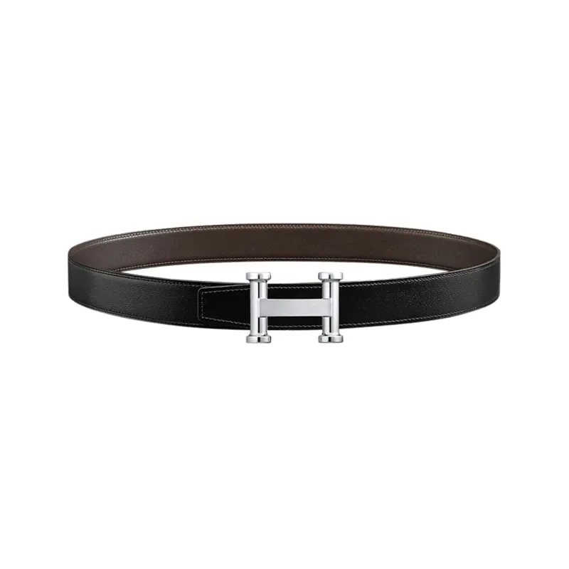 HERMES Two-Tone Patchwork Silver Smooth Buckle Leather Double-Sided Leather Belts Men's Black Width 32MM-0