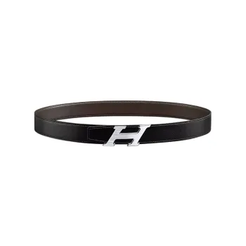 HERMES Tricolor Patchwork Silver Smooth Buckle Double-Sided Leather Leather Belts Men's Black Width 32MM
