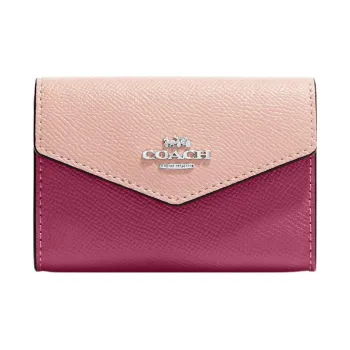 COACH Card Case Cross-Stitch Leather Wallet Coin Purse Card Holder Women's Light Raspberry