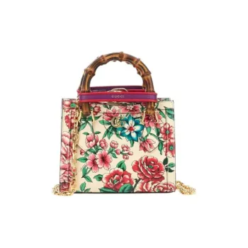 GUCCI Diana Bamboo With Canvas Tote Bag Shopping Bag Handbag Medium Size Women's Multicolor