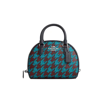 COACH Sydney Canvas With Leather Dome Bag Handbags Small Size Women's Cyan & Burgundy