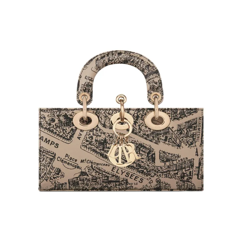 DIOR Lady D-JOY Cow Leather Dior Bag Shoulder Bag Crossbody Bag Handbag Small Size Women's Beige/Black-3
