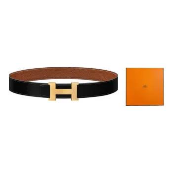 HERMES Togo Calfskin Leather Belts Men's Black/Gold Width 3.8cm