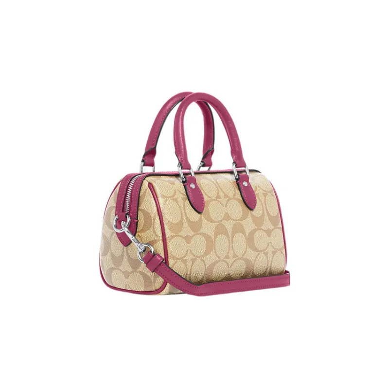 COACH Rowan Coated Canvas With Leather Boston Bag, Shoulder Bag, Crossbody Bag, Handbag Mini Women's Brown & Purple-1
