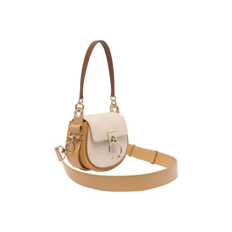 Chloe Tess Suede With Shiny Calfskin Shoulder Bag, Crossbody Bag, Handbag Small Size Women's Nude/White-4