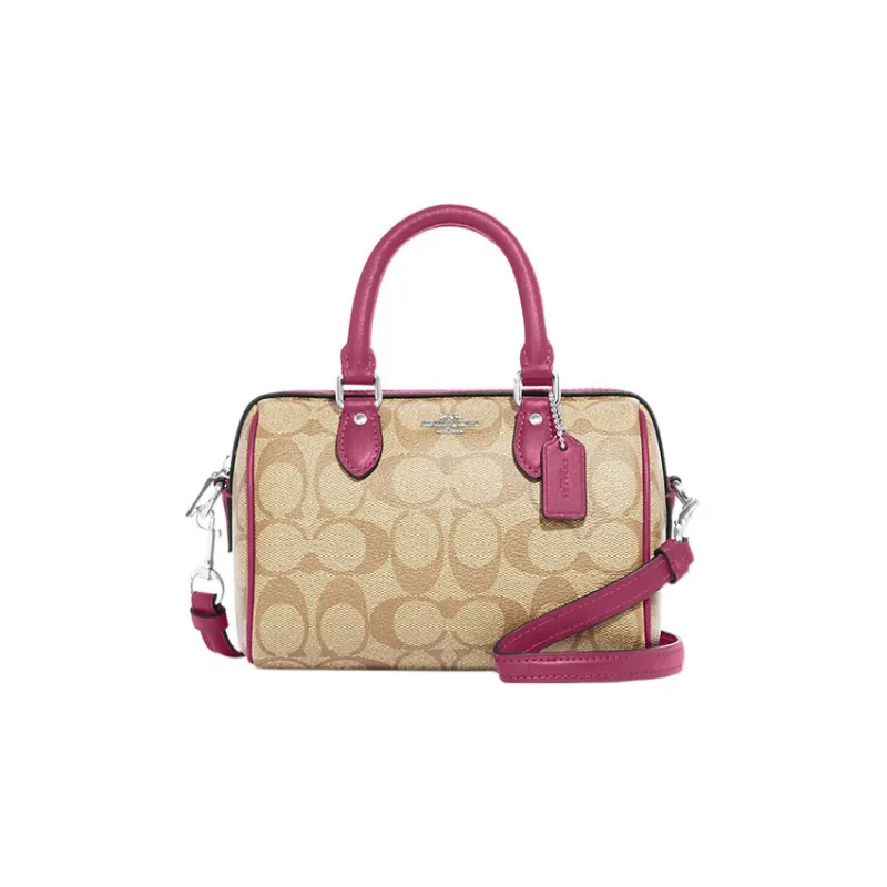 COACH Rowan Coated Canvas With Leather Boston Bag, Shoulder Bag, Crossbody Bag, Handbag Mini Women's Brown & Purple-0