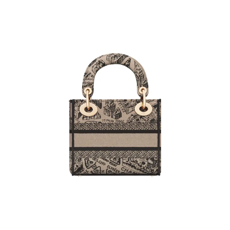 DIOR Lady D Lite Embroidery Dior Bag Shoulder Bag Crossbody Bag Handbag Mini Women's Beige/Black-3