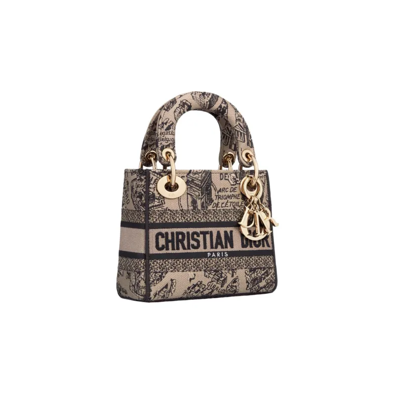 DIOR Lady D Lite Embroidery Dior Bag Shoulder Bag Crossbody Bag Handbag Mini Women's Beige/Black-2