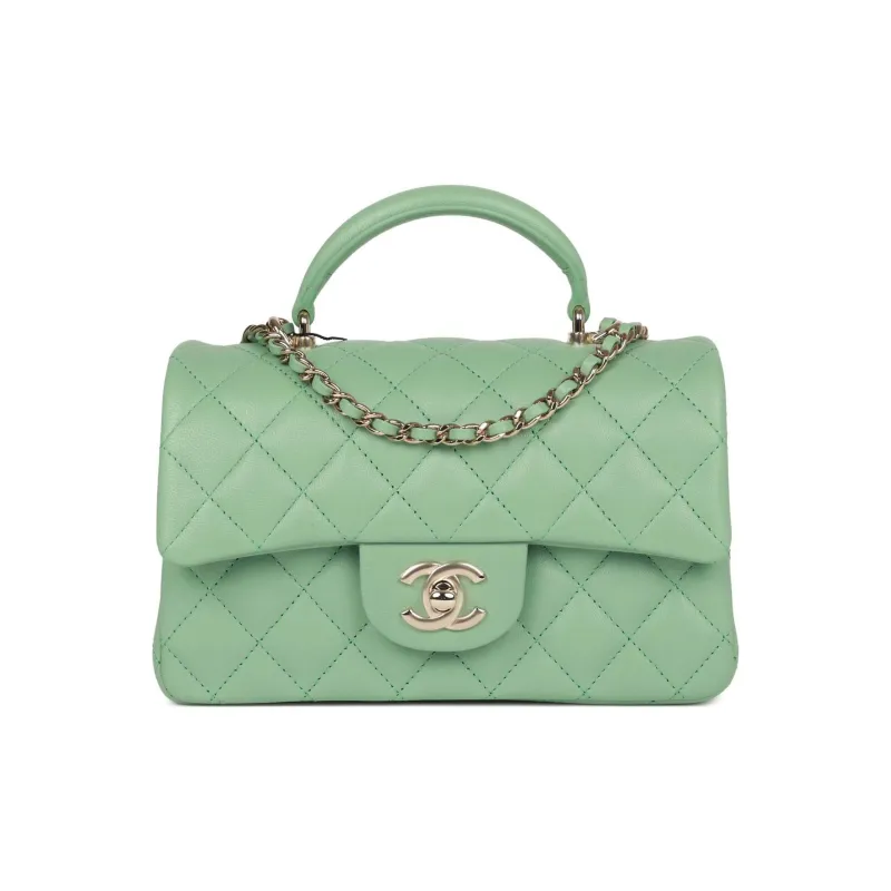 CHANEL Classic Flap CF Sheepskin Handbag, Shoulder Bag, Crossbody Bag Mini Women's Light Green-0