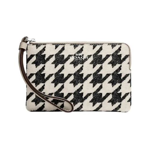 COACH Corner Zip Coated Canvas With Leather Wrist Bags Clutches Small Size Women's Black White