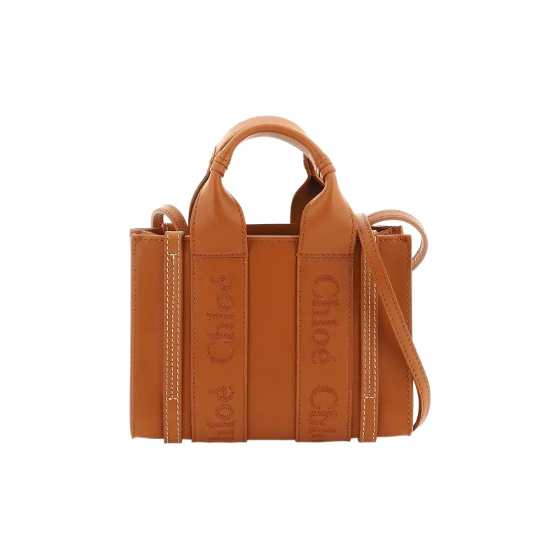 Chloe Woody Smooth Calf Leather Tote Bag Shopping Bag Shoulder Bag Crossbody Bag Handbag Mini Women's Brown-1