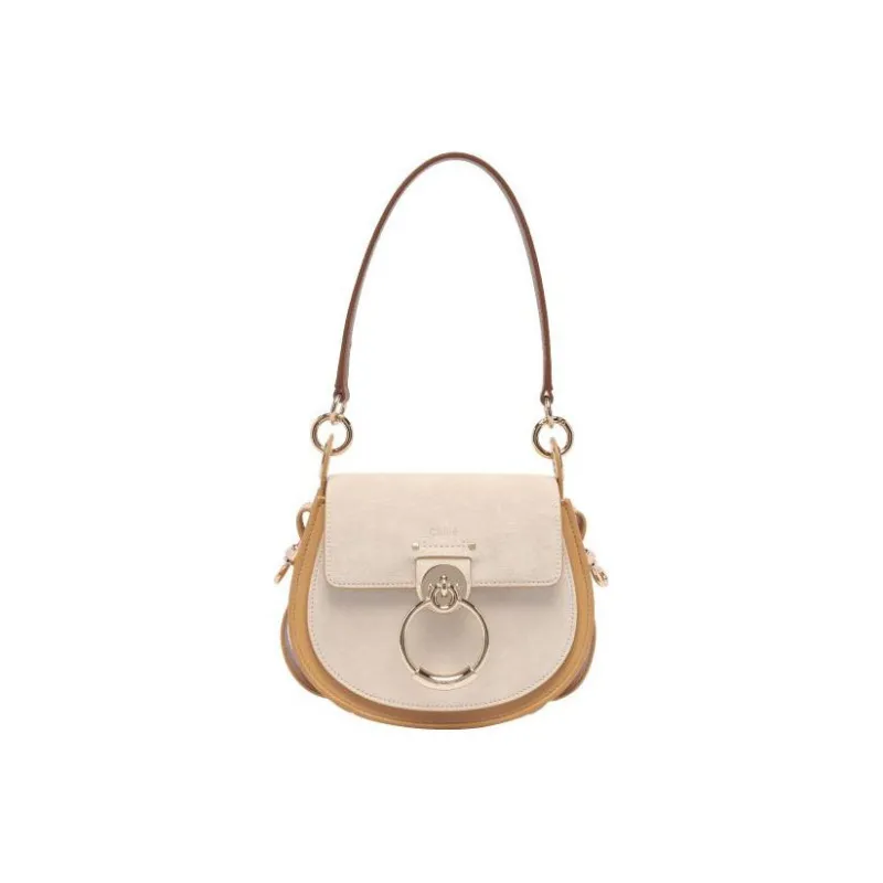 Chloe Tess Suede With Shiny Calfskin Shoulder Bag, Crossbody Bag, Handbag Small Size Women's Nude/White-3