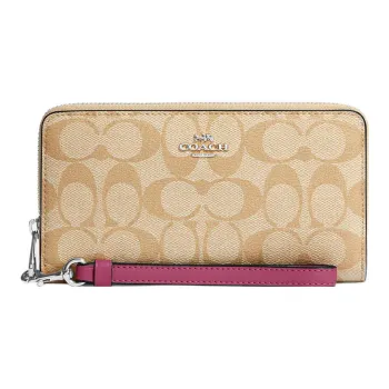 COACH Zip Around Coated Canvas With Smooth Leather Coin Purse Handheld Wallet Small Size Women's Light Khaki