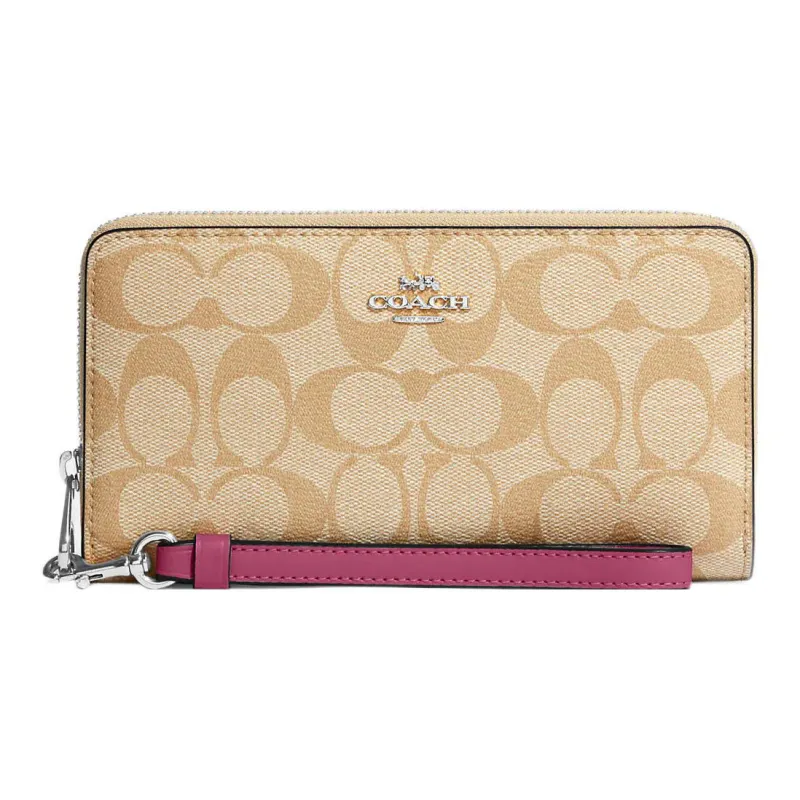 COACH Zip Around Coated Canvas With Smooth Leather Coin Purse Handheld Wallet Small Size Women's Light Khaki-0