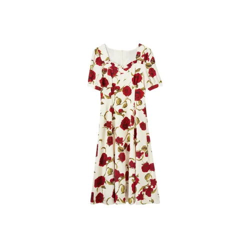 FANQIN Short-Sleeved Dresses Women's Apricot Base With Red Flowers