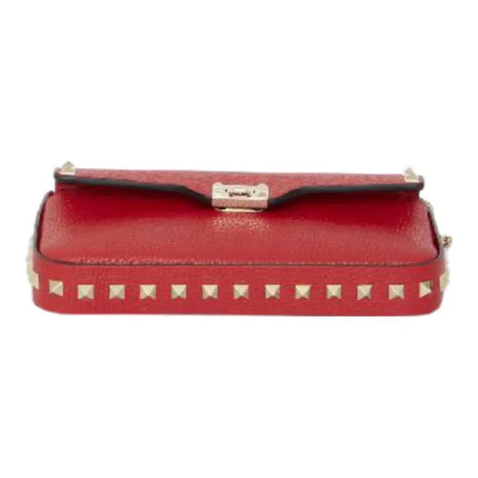 Valentino Rockstud Calfskin One Shoulder Crossbody Clutches Women's Red-4
