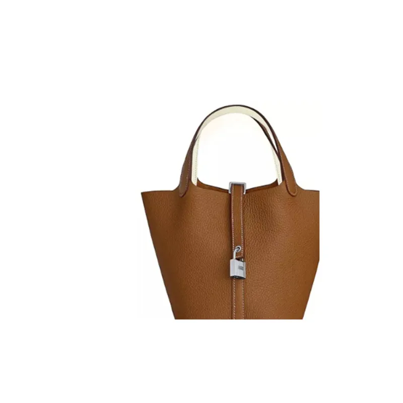 HERMES Picotin Lock Clemence/Swift Cow Leather Handbag 22 Women's Gold/Nata Gold Brown With Cream White-3