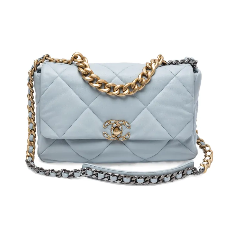 CHANEL 19Bag Sheepskin Flap Bag Handbag, Shoulder Bag, Crossbody Bag Medium Size Women's Light Blue-0