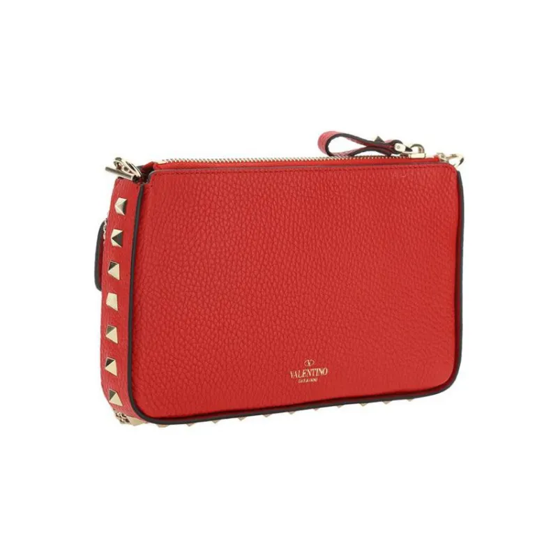 Valentino Rockstud Calfskin One Shoulder Crossbody Clutches Women's Red-2