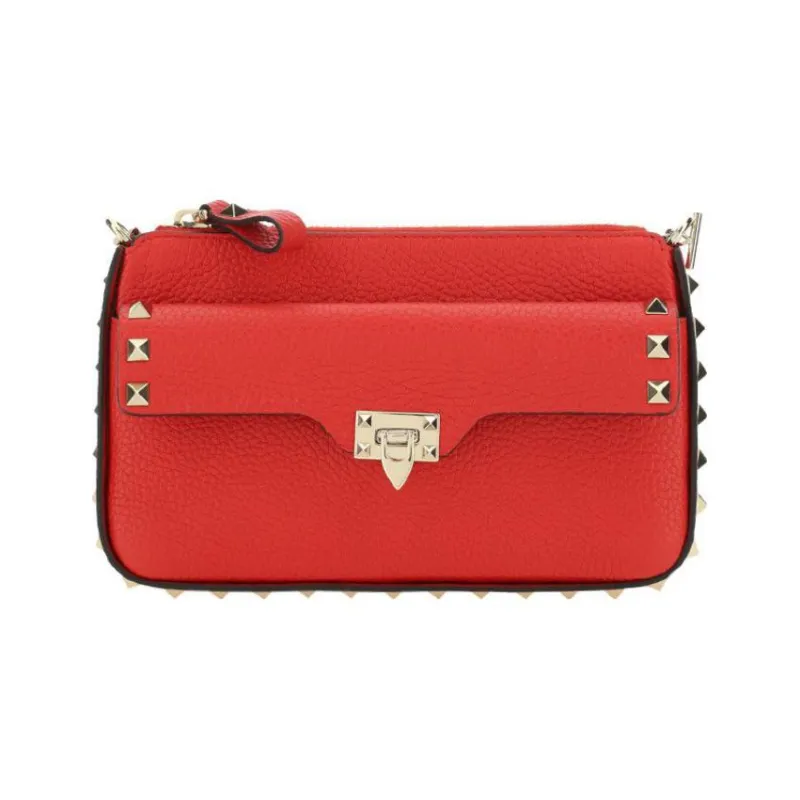 Valentino Rockstud Calfskin One Shoulder Crossbody Clutches Women's Red-0