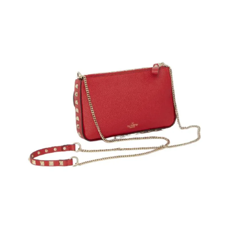 Valentino Rockstud Calfskin One Shoulder Crossbody Clutches Women's Red-3