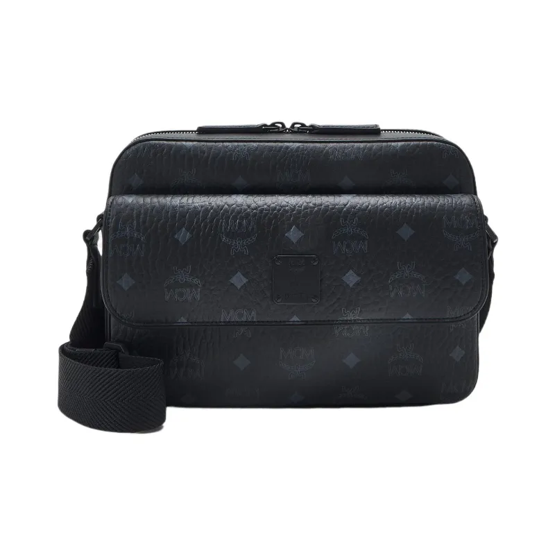 MCM Aren Visetos Coated Canvas With Leather Messenger Bag, Shoulder Bag, Crossbody Bag Medium Size Unisex Black-1