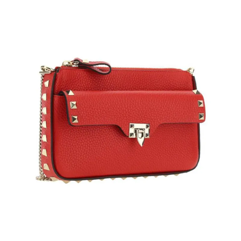 Valentino Rockstud Calfskin One Shoulder Crossbody Clutches Women's Red-1