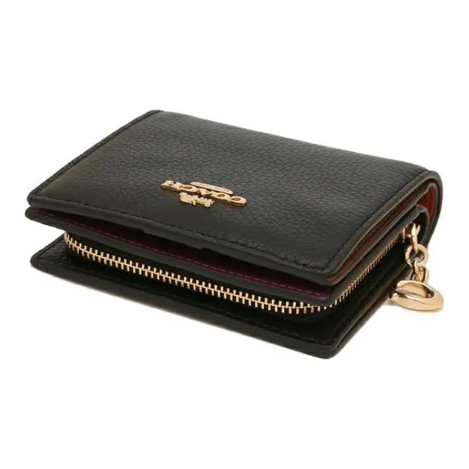 COACH Snap Wallet Pebbled Leather Card Holder Wallet Women's Black-3