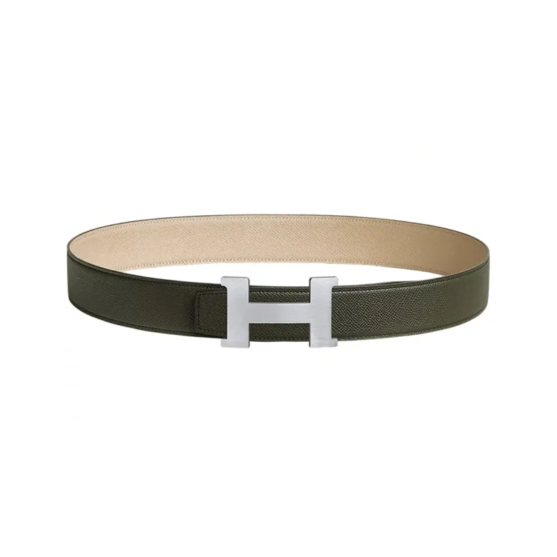 HERMES Constance Silver Matte Silver Buckle Calfskin Leather Belts Men's Green Width 3.8CM-0