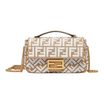 FENDI Baguette Woven Raffia Portable Crossbody Bag Shoulder Bag Medium Size Women's Brown/White